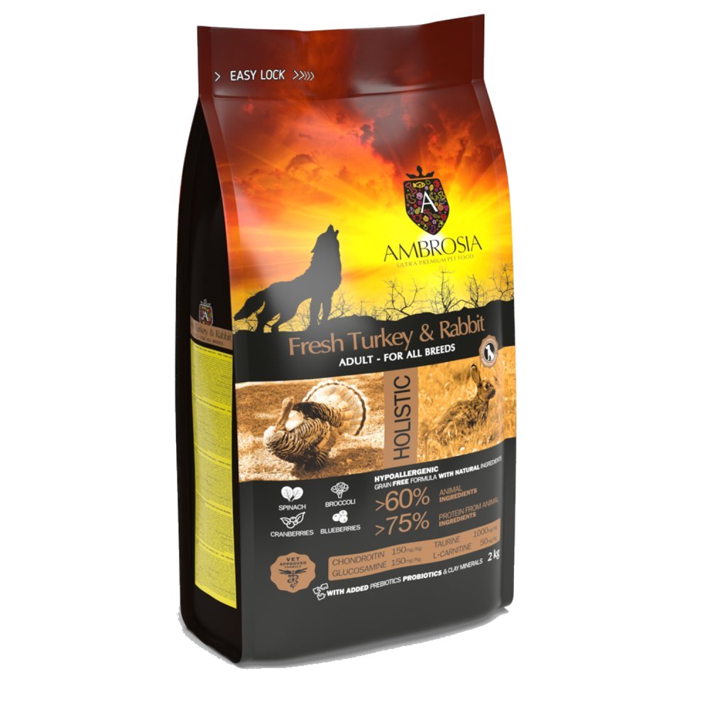אמברוסיה מזון לכלב בוגר רגיש הודו וארנבת 12 ק"ג + 5 חטיפים מתנה