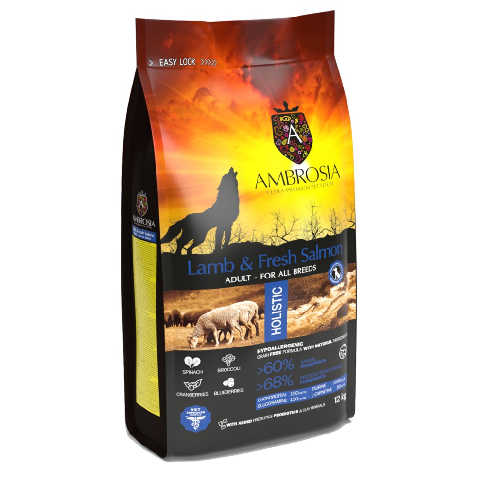 אמברוסיה מזון לכלב בוגר כבש וסלמון 12 ק"ג + 5 חטיפים מתנה