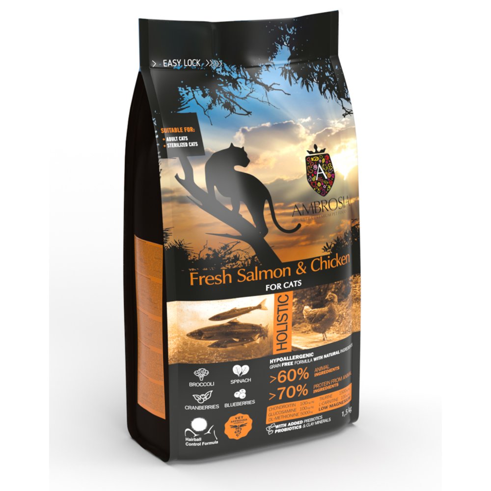 אמברוסיה מזון לחתול מעוקר סלמון ועוף 5 ק"ג