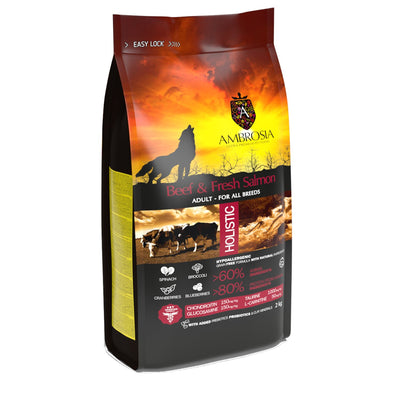 אמברוסיה מזון לכלב בוגר בקר וסלמון 12 ק"ג + 5 חטיפים מתנה