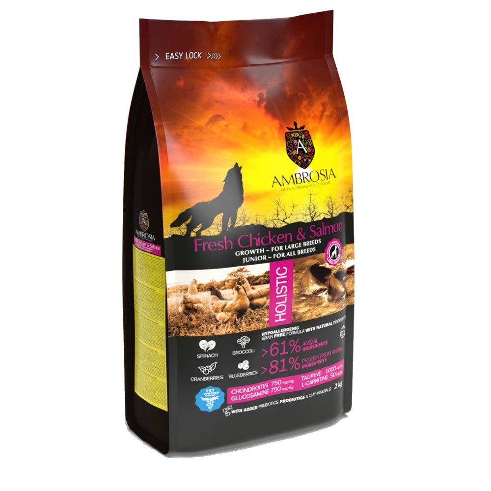 אמברוסיה מזון לגורי כלבים עוף וסלמון 12 ק"ג + 5 חטיפים מתנה