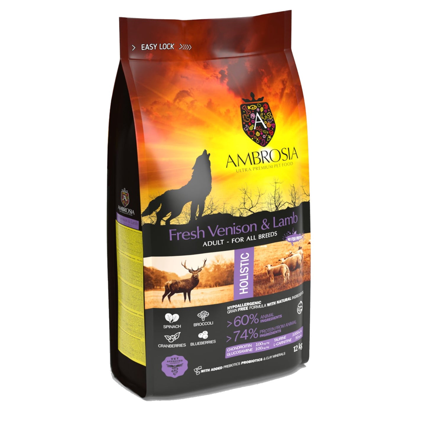 אמברוסיה מזון לכלב בוגר צבי וכבש 12 ק"ג + 5 חטיפים מתנה
