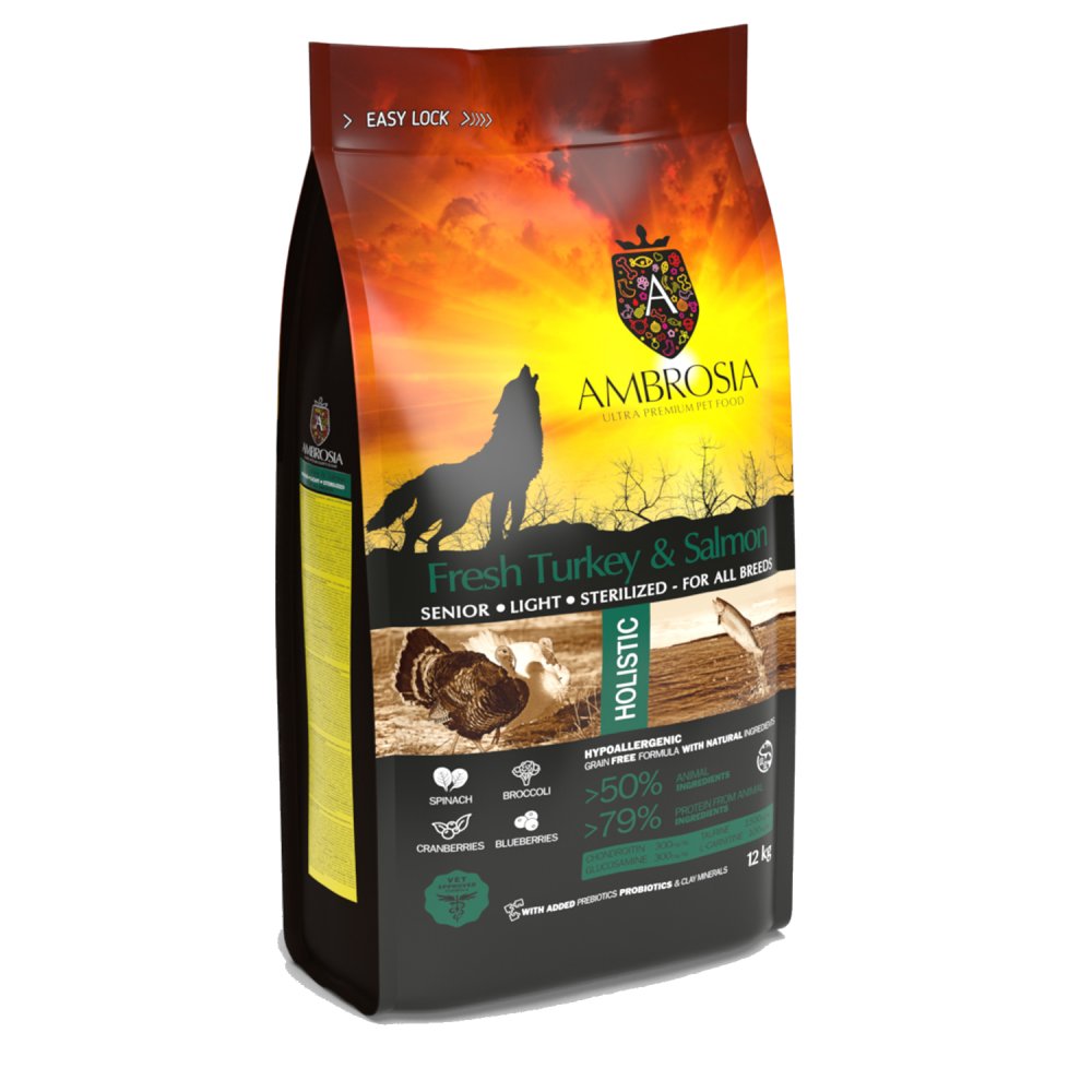 אמברוסיה לכלב סניור לייט הודו וסלמון 12 ק"ג + 5 חטיפים מתנה