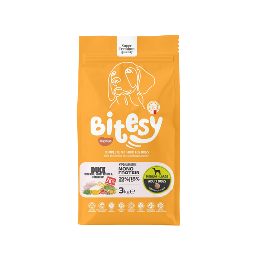 Bitesy מזון מלא לכלב בוגר ברווז עם אורז בטטה וחמוציות 3 ק"ג + 3 חטיפים מתנה