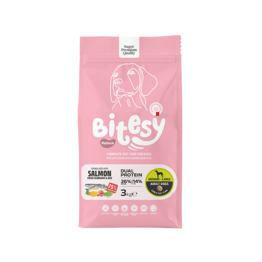 Bitesy מזון מלא לכלב בוגר סלמון דניס ואורז 3 ק"ג + 3 חטיפים מתנה